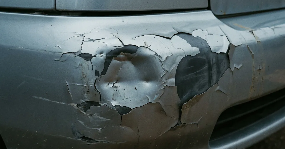A cracked and dented car bumper panel in close detail