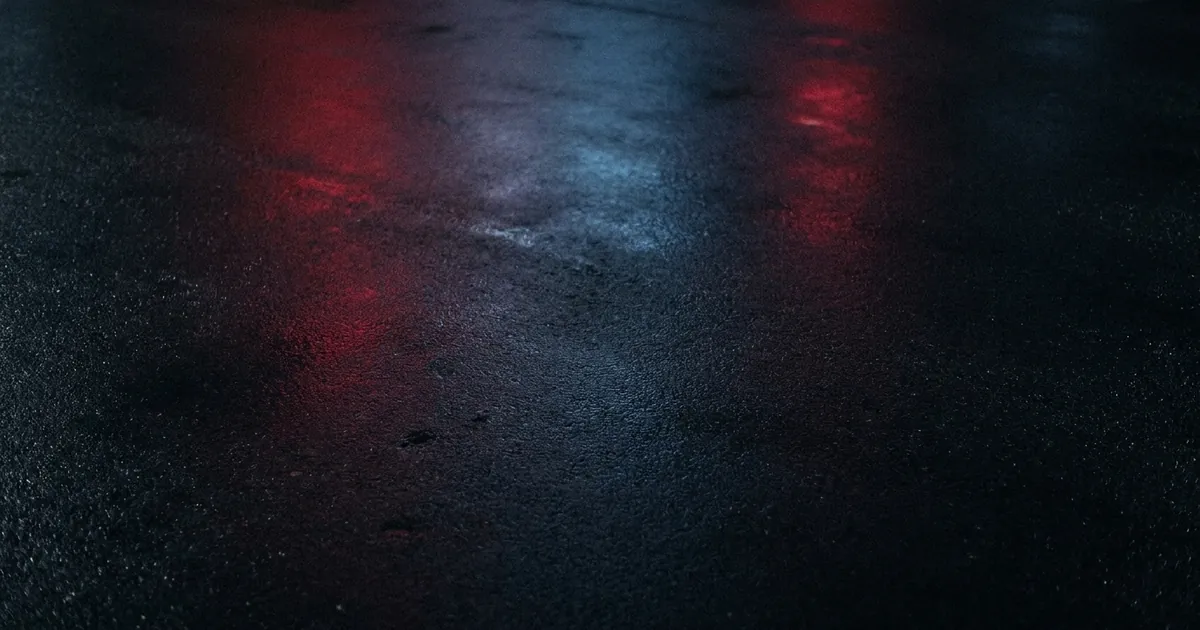 Red and blue emergency light reflected on wet night asphalt