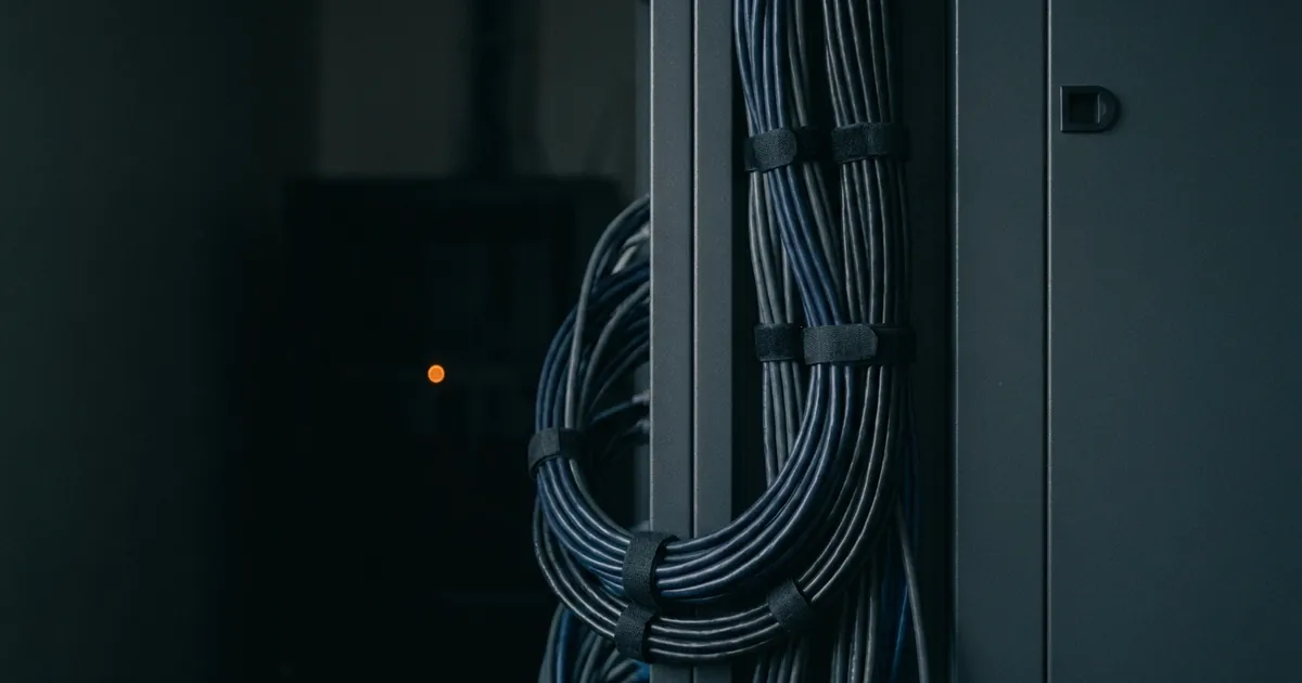 Neat rows of network cabling in a dim server cabinet