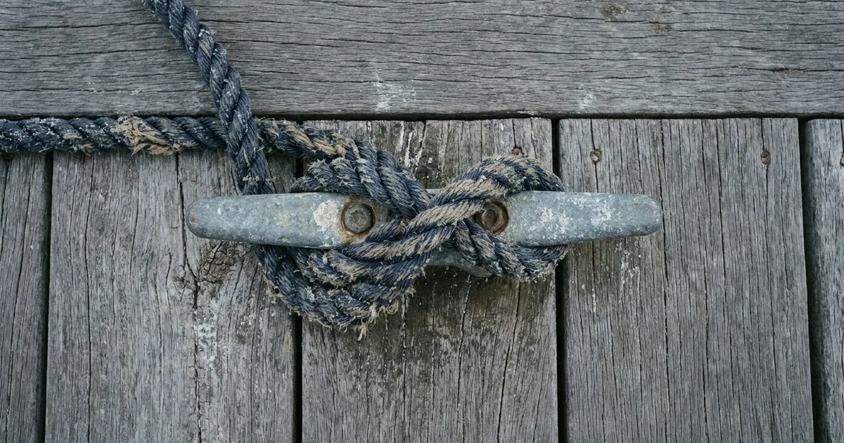A weathered mooring rope looped over a metal dock cleat
